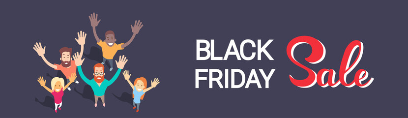 Excited People Group Big Sale Black Friday Shopping Banner Flat Vector Illustration