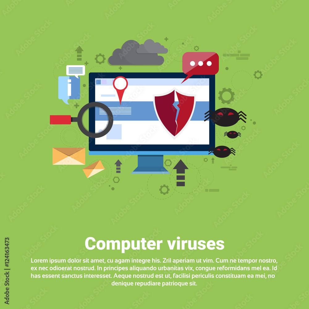Poster computer viruses data protection privacy internet information security web banner flat vector illust