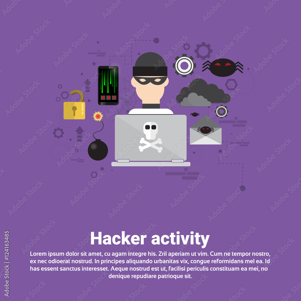 Poster hacker activity data protection privacy internet information security web banner flat vector illustr