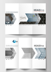 Tri-fold brochure business templates on both sides. Easy editable layout in flat design. Abstract 3D construction and polygonal molecules, gray background, scientific technology vector.