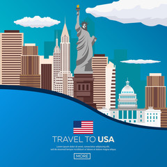 Travel to USA, New York Poster skyline. Statue of Liberty. Vector illustration. © leo_d