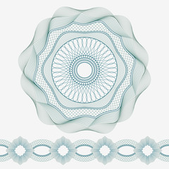 Set: Guilloche Pattern Rosette and border for certificate or diploma, isolated. Vector illustration
