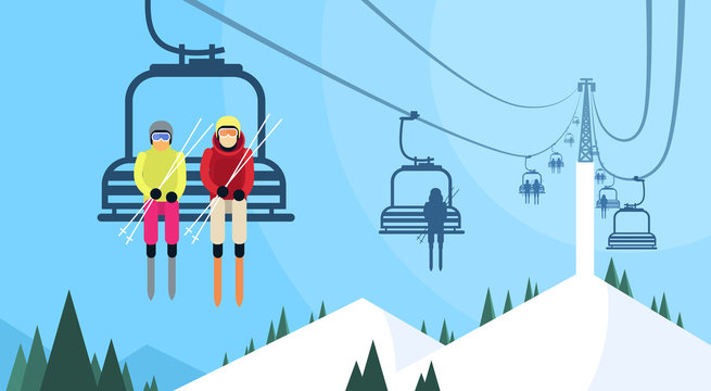 People Skier On Cable Car Transportation Rope Way Over Mountain Hill Flat Vector Illustration