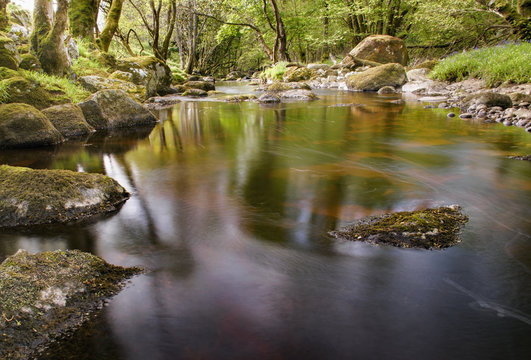 River glencree slowly flowing displaying beautiful reflections in the water