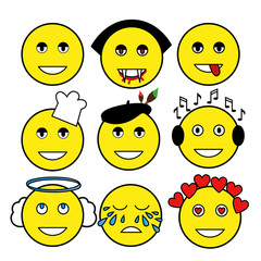Fototapeta premium set of different emoticons. Smiley: vampire, artist, chef, angel, music lover, smile, tears, love, bully.