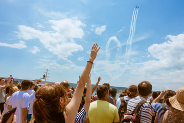 Red Bull Flugtag 2016 competition in Varna. Spectators greet pilots of air show. - obrazy, fototapety, plakaty