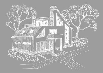 modern house with garage, attic and terrace. Cottage with landscaping.