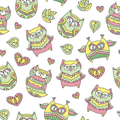vector seamless pattern of cute ornamental owls, texture for fabric or paper print, souvenirs or babys products