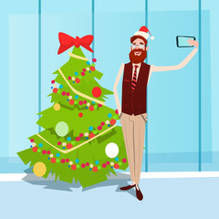 Man Taking Selfie Photo On Smart Phone Over Christmas Decorated Tree New Year Celebration Flat Vector Illustration