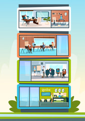 Modern Business Center Office Building Businesspeople Working Interior Flat Vector Illustration