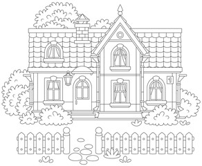 Obraz premium house and a courtyard with a fence, trees and bushes