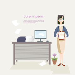 Businesswoman Secretary Hold Document Contract Business Office Interior Flat Vector Illustration