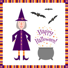 Funny little witch near a magic cauldron with a "Happy Halloween!" greeting and flying bats over it. Colorful Halloween background in flat style.