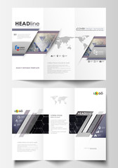 Tri-fold brochure business templates on both sides. Easy editable abstract vector layout in flat design. Chemistry pattern, hexagonal molecule structure. Medicine, science, technology concept.