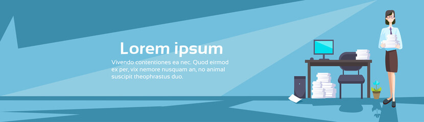 Businesswoman Secretary Hold Document Contract Business Office Interior Flat Vector Illustration