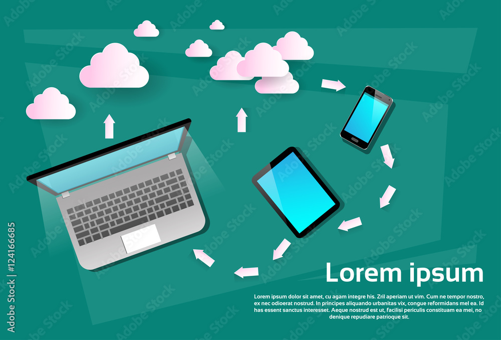 Poster laptop computer tablet cell smart phone cloud database data synchronization flat vector illustration