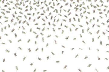 Rendering of falling dollar bills, isolated on a white background