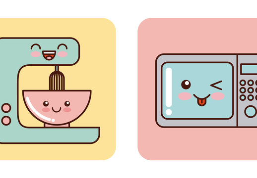 4 Cute Pastel Kitchen Appliances with Facial Expressions Icons