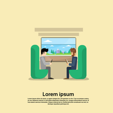 Two Man In Train Compartment Vacation Holiday Trip Banner Flat Vector Illustration
