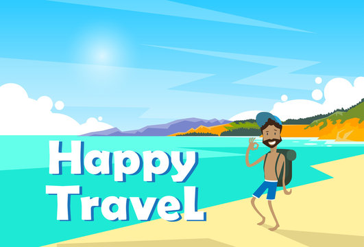 Man On Seaside Vacation Holiday Trip Happy Travel Banner Flat Vector Illustration