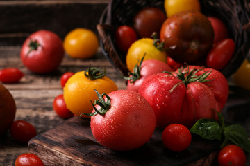 Colorful tomatoes, red tomatoes, yellow tomatoes, orange tomatoes, green tomatoes. Tomatoes background. vintage wooden background