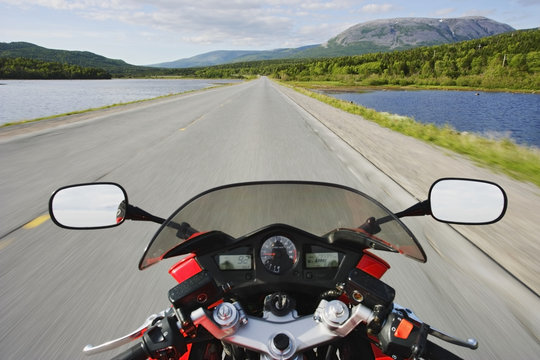 View On Motorcycle In Action And Gros Morne Mountain, Gros Morne Np, Newfoundland, Canada