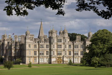 Burghley House in Stamford, England. It is a landmark medieval castle in Central England.