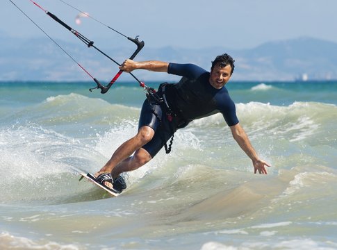 Man kite surfing, Tarifa, Cadiz, Andalusia, Spain