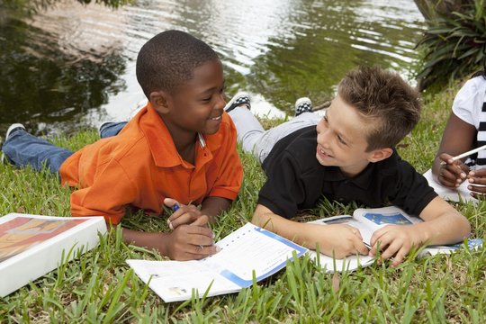 Fort Lauderdale, Florida, United States Of America; Two Boys Doing School Work In The Park