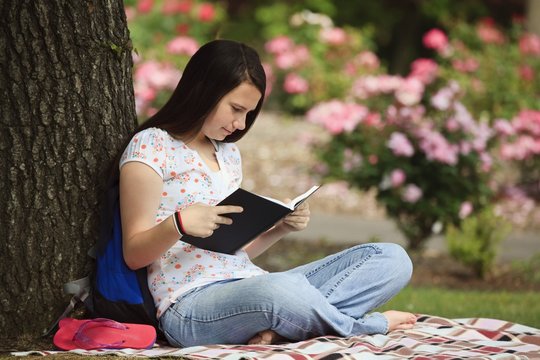A Teenage Girl Reading A Book In The Park