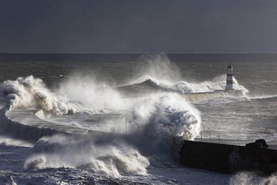Waves Crashing On Lighthouse, Seaham, Teesside, England