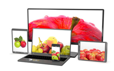 Set of apples on the screen of computer gadgets (3d illustration