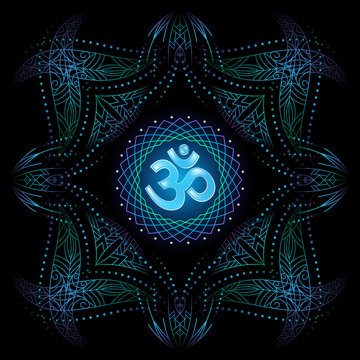 decorative corners, blue green psychedelic floral geometric ornamental frame, holy hindu symbol om, black background, vector