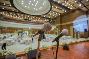 Close up of microphone in concert hall 