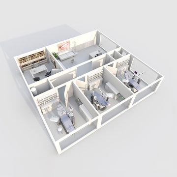 3d interior rendering of furnished dental clinic with three dental chair rooms
