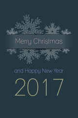 Fototapeta na wymiar Merry Christmas and Happy New Year 2017 greeting card, snowflakes with text on dark desaturated blue background, holiday vector illustration