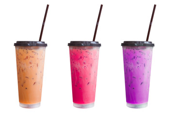 fresh sweet water colourful bright and ice in plastic glass isolated on white background,Summer drinks with ice on white background