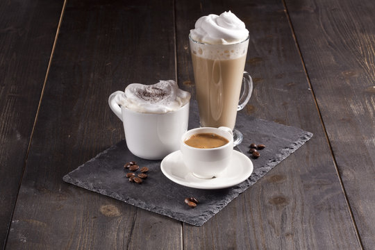 Espresso, cappuccino and latte are together.