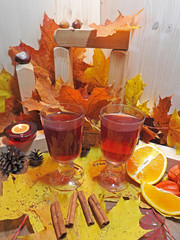 Autumn composition, cup of red tea