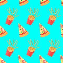 Set of pizza slices with different toppings. French fries. Vector fast food illustration. Seamless pattern.