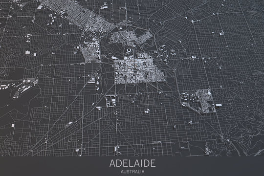 Cartina di Adelaide, vista satellitare, città, Australia. 3d rendering