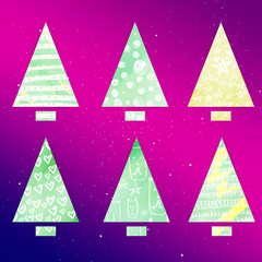 Set of stylized christmas trees. Simple form. Triangle and rectangle. Bright colours, Gradient background. Doodle elements.Blue  cold colour