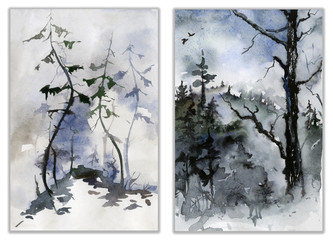Set of forest landscapes. Watercolor painting.