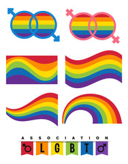 A set of symbols with rainbow for LGBT, gay, lesbian, transgender, non-traditional relationships. Isolated illustration on white background, suitable for stickers and prints. Vector.