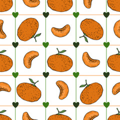 Hand draw vector tangerine seamless pattern on white background. Health fruit wallpaper. Wrapping paper or kitchen textile design