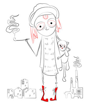 illustration of a Rastafarian girl smoking a pipe and holding a toy cat, vector.
