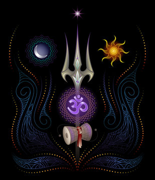 sacred symbols of yoga and lord shiva, trishul, sound om and drum damaru, sun, moon, star, geometric and floral pattern, sparks of fire, black background, vector