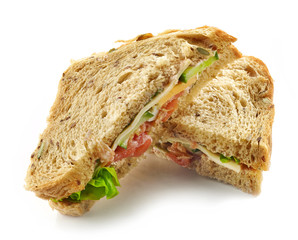 Sandwich with salmon on white background