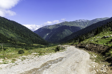 Corrupt natural road with beautiful landscape background between Ayder and Kavrun plateau