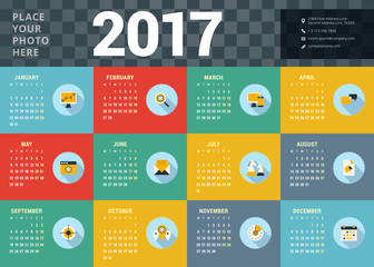 Calendar for 2017 year. Vector design stationery template with business concept icons. Week starts Monday. Flat style color vector illustration